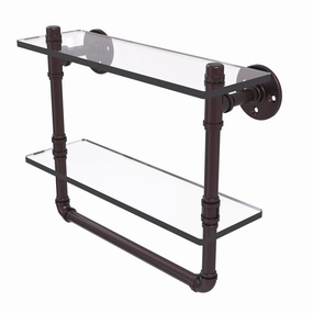 16" Double Glass Shelf with Towel Bar, Antique Bronze Finish