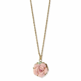 1928 Jewelry Genuine Porcelain Rose Pendant Necklace 16"   3" Extender