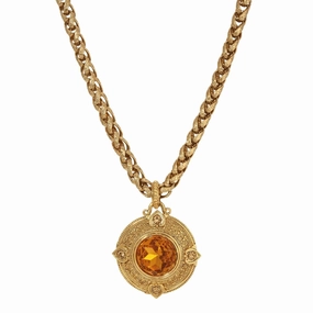 1928 Jewelry Heart & Topaz Crystals Round Pendant Necklace 16"   3" Extension