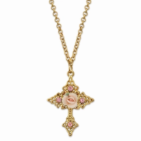 1928 Jewelry Porcelain Rose Cross Filigree Pendant Necklace 18"   3" Extender