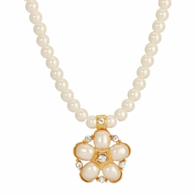 1928 Jewelry Star Flower 6mm Faux Pearl Strand Pendant Necklace 15"   3" Extender