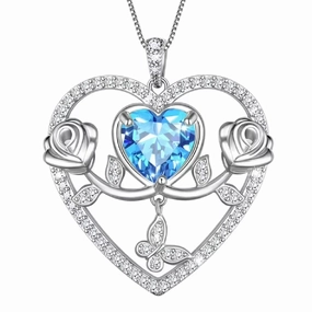 Beautlace HP0186M 925 Sterling Silver Rose Heart Necklace,Butterfly Flower Pendant Necklace Jewelry Birthday