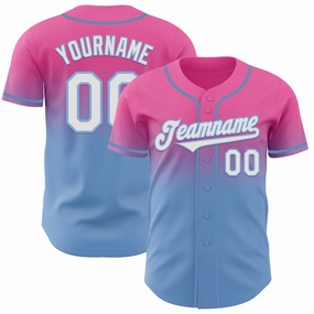 Custom Pink White-Light Blue Authentic Fade Fashion Baseball Jersey