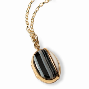 One of A Kind Oval Locket with Banded Black Agate and White Opal
