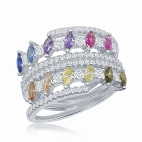 Sterling Silver Multi-Color Marquise CZ Double Ring - W-2441
